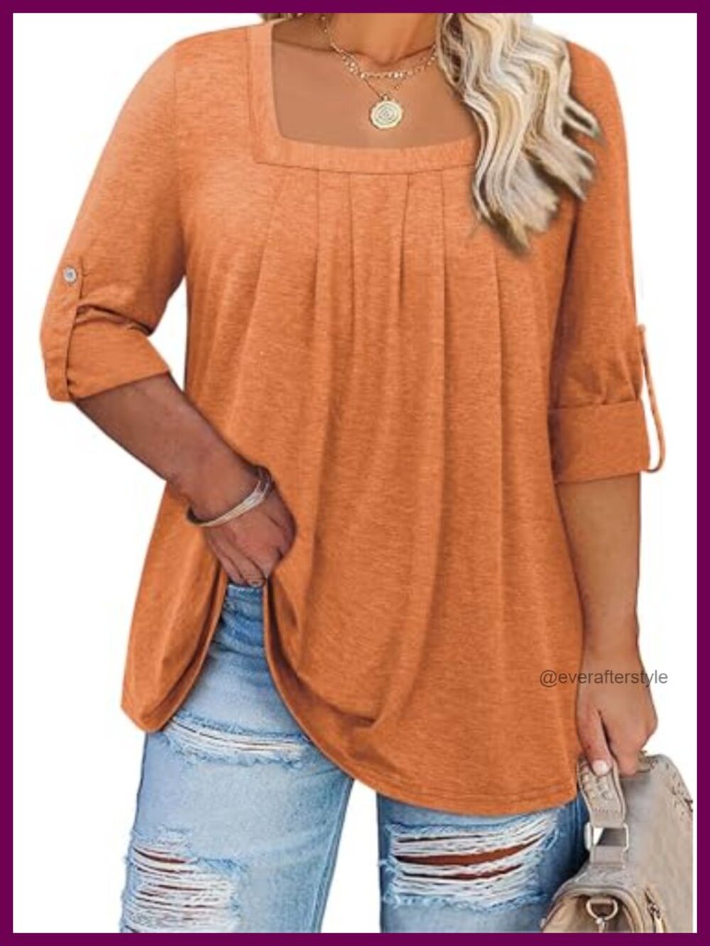 Plus Size Tunic Top 3/4 Rolled Sleeve Square Neck Loose Fit Blouse